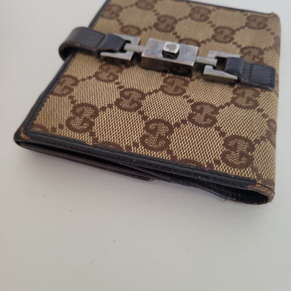 GUCCI GG Vintage Jackie Canvas Leather Wallet Monogram Bifold Medium Brown Logo - Picture 12 of 13